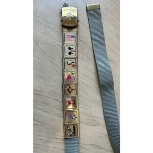 VTG Boy Scouts of America (BSA) Canvas Belt Brass Buckle Green Gold Merit Badges